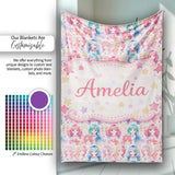 Colourful Anime Girls Pastel Star Pattern Kawaii Character Design  Personalised Custom Name Super Soft Fleece Blanket Bed Sofa Throw