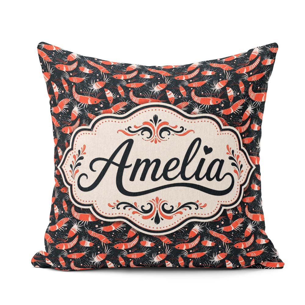 Custom Name Graphic Red Shrimp on Dark Ocean Background Seamless Square Filled Cushion Throw Pillow Sofa Bed Home Decor Zip Washable UK Made
