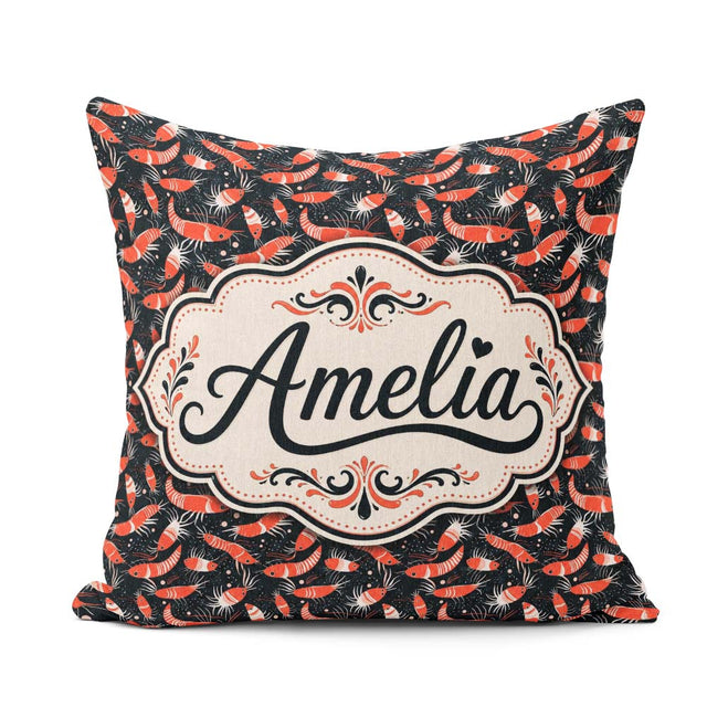 Custom Name Graphic Red Shrimp on Dark Ocean Background Seamless Square Filled Cushion Throw Pillow Sofa Bed Home Decor Zip Washable UK Made