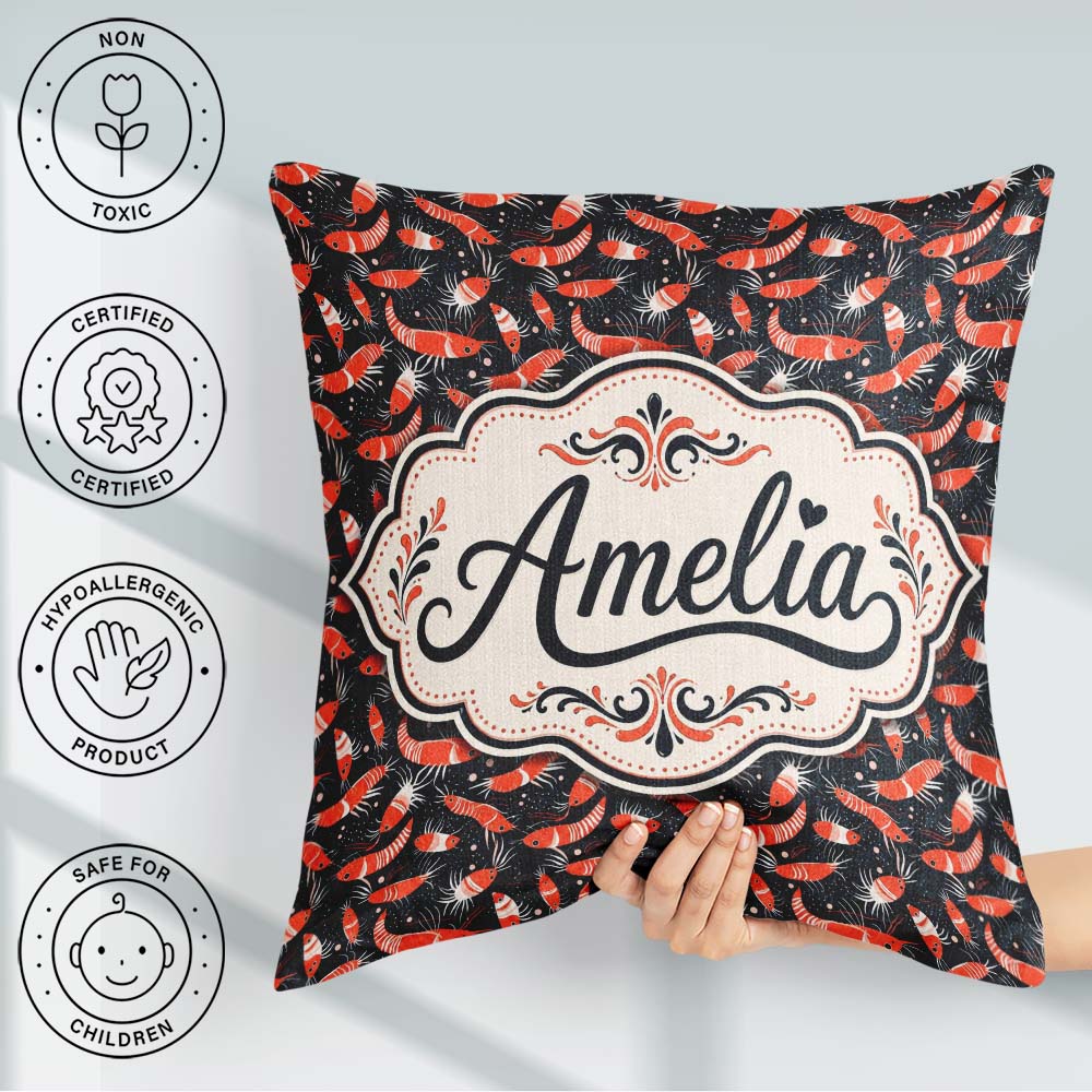Custom Name Graphic Red Shrimp on Dark Ocean Background Seamless Square Filled Cushion Throw Pillow Sofa Bed Home Decor Zip Washable UK Made