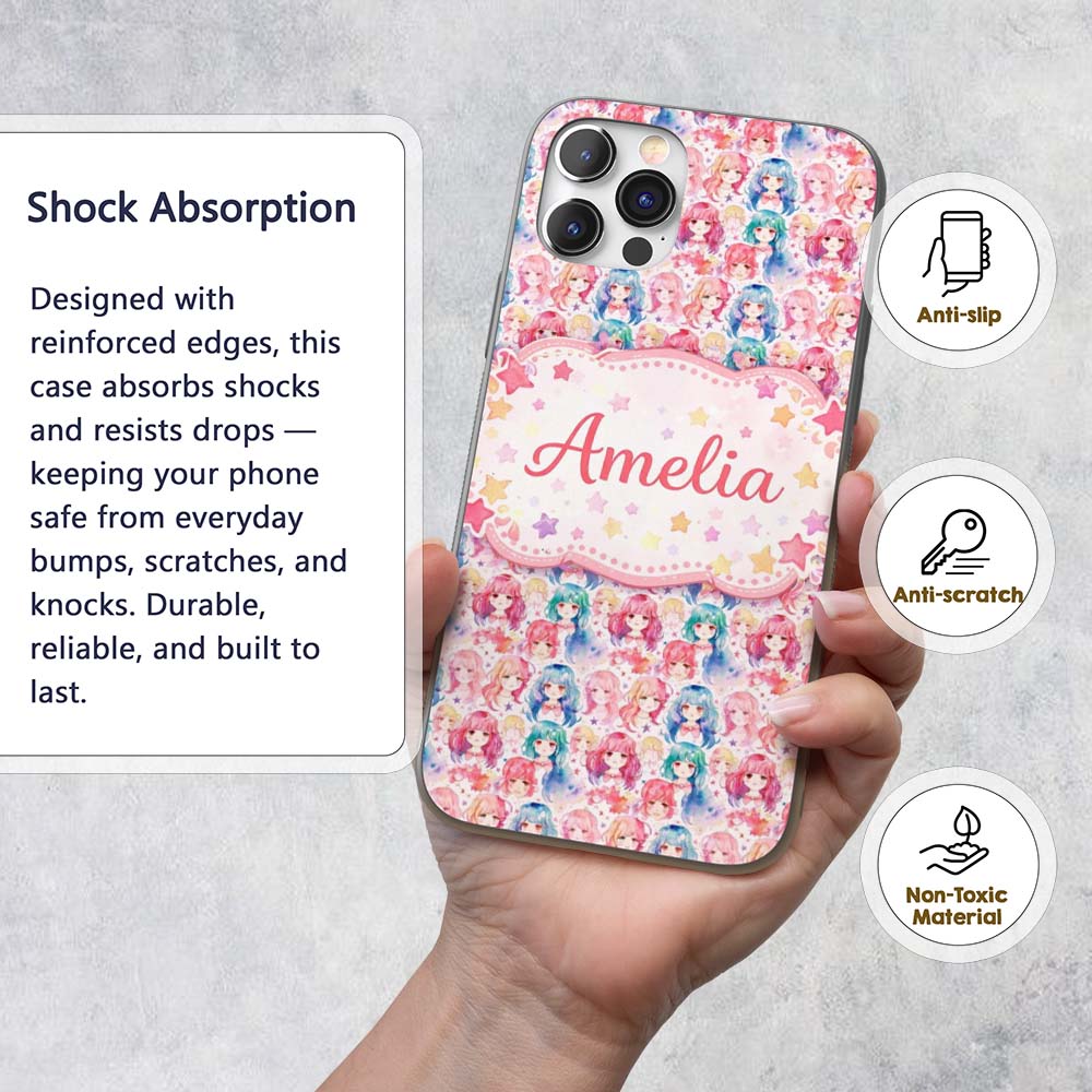 Colourful Anime Girls Pastel Star Pattern Kawaii Custom Name Protective Phone Case Mobile Cover Durable Everyday Smartphone Shock Resistant