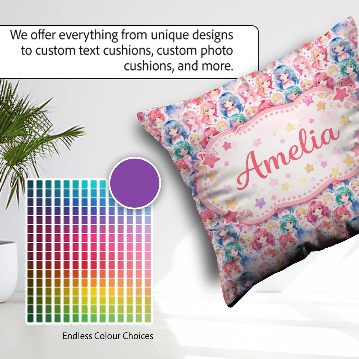 Custom Name Colourful Anime Pastel Star Pattern Kawaii Character Square Filled Cushion Throw Pillow Sofa Bed Home Decor Zip Washable UK Made