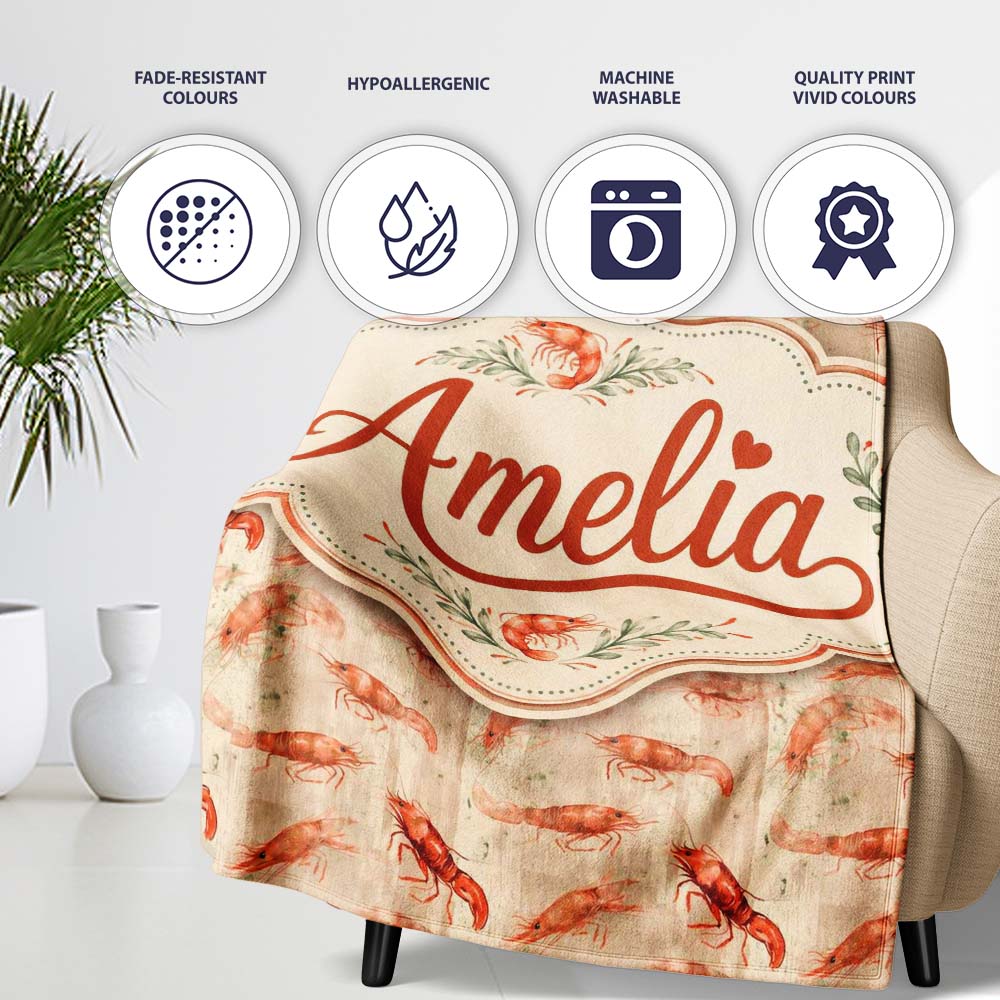 Rustic Watercolour Prawn on Textured Neutral Background Seamless  Personalised Custom Name Super Soft Fleece Blanket Bed Sofa Throw