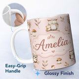 Personalized Custom Name Cute Woodland Owls Mushrooms and Leaves Soft Blush Pink Background 11oz Ceramic Coffee Tea Mug White Large Handle