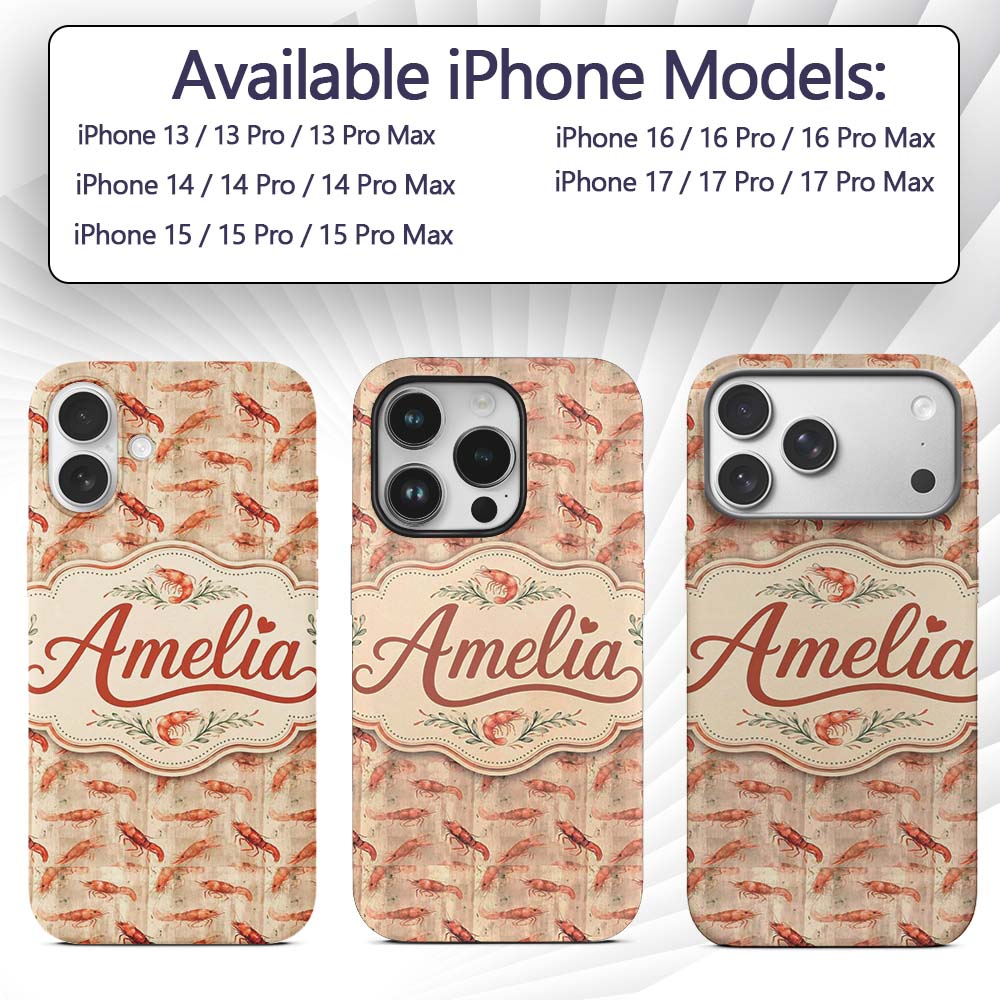 Rustic Watercolour Prawn on Textured Neutral Custom Name Protective Phone Case Mobile Cover Durable Everyday Smartphone Shock Resistant