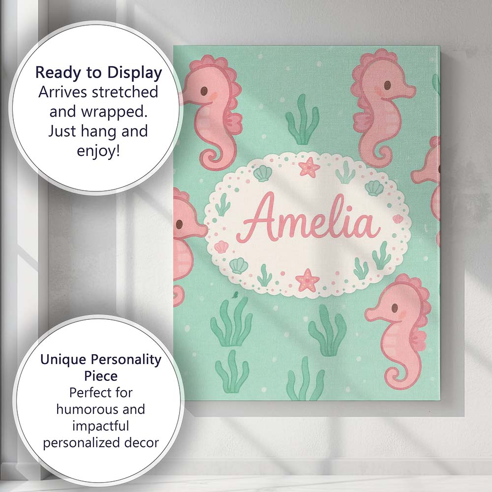 Personalised Name Cute Seahorse Ocean Cartoon Animal Pattern Stylish Custom  Home Canvas Wall Art Print Decor Picture Ready to Hang