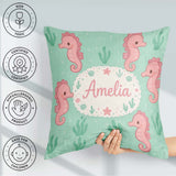 Custom Name Cute Seahorse Ocean Cartoon Animal Pattern Everyday Square Filled Cushion Throw Pillow Sofa Bed Home Decor Zip Washable UK Made