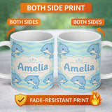 Personalized Custom Name Cute Dolphin Waves Cartoon Animal Pattern Cute Unique Gift Lovely 11oz Ceramic Coffee Tea Mug White Large Handle