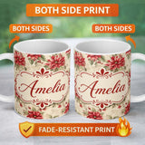 Personalized Custom Name Botanical Poinsettia and Foliage Christmas Garden Seamless Pattern 11oz Ceramic Coffee Tea Mug White Large Handle