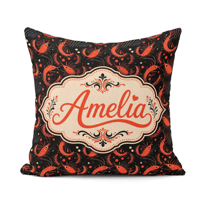 Custom Name Bold Red Shrimp on Black with Flowing Ocean Seamless Square Filled Cushion Throw Pillow Sofa Bed Home Decor Zip Washable UK Made