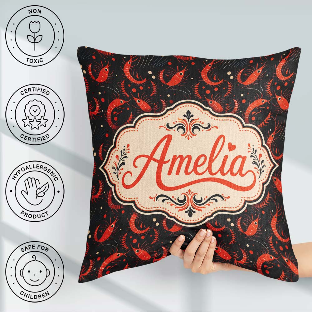 Custom Name Bold Red Shrimp on Black with Flowing Ocean Seamless Square Filled Cushion Throw Pillow Sofa Bed Home Decor Zip Washable UK Made