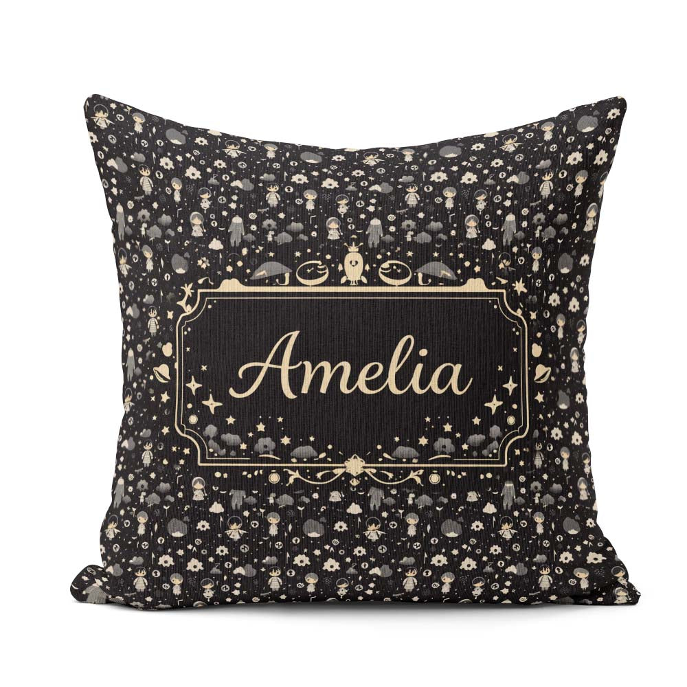 Custom Name Dark Character Night Pattern Cartoon Kids Design Square Filled Cushion Throw Pillow Sofa Bed Home Decor Zip Washable UK Made