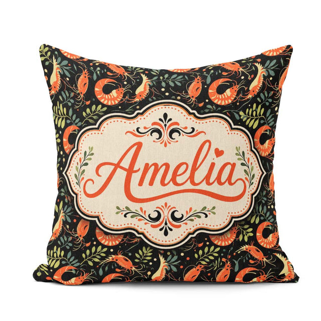 Custom Name Vibrant Shrimp and Botanical Foliage Dark Background Square Filled Cushion Throw Pillow Sofa Bed Home Decor Zip Washable UK Made