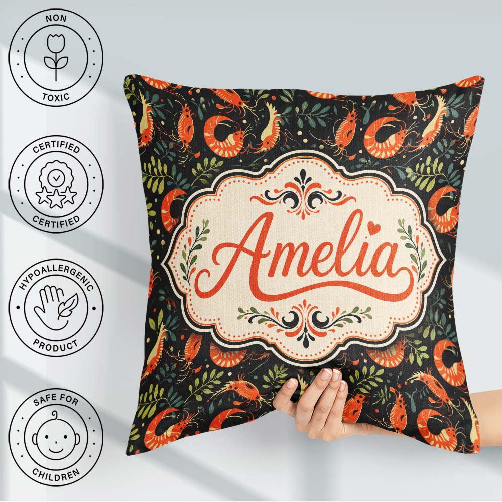 Custom Name Vibrant Shrimp and Botanical Foliage Dark Background Square Filled Cushion Throw Pillow Sofa Bed Home Decor Zip Washable UK Made