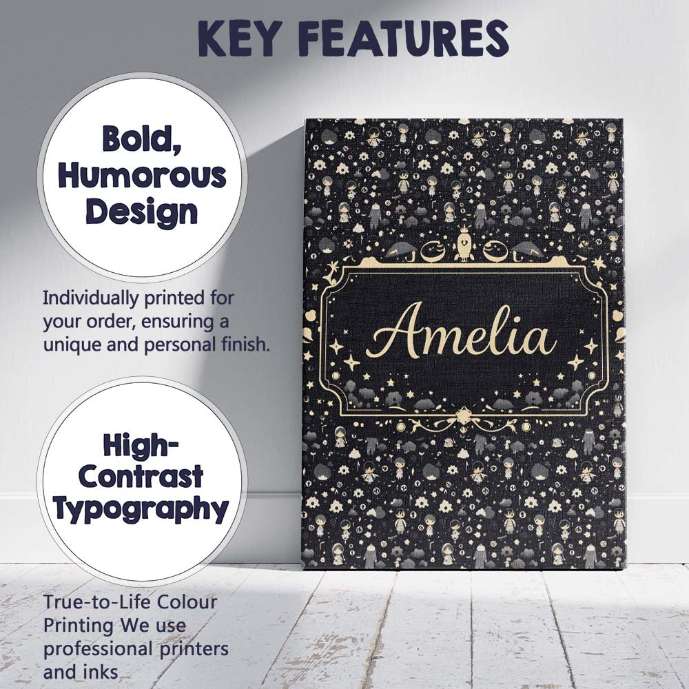 Personalised Name Dark Cute Character Night Pattern Cartoon Kids Custom  Interior Canvas Wall Art Print Decor Picture Ready to Hang
