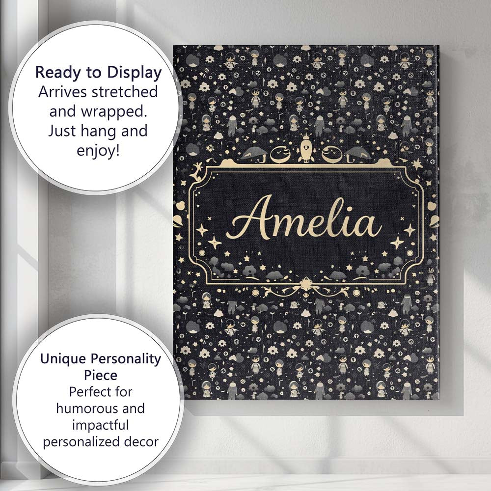 Personalised Name Dark Cute Character Night Pattern Cartoon Kids Custom  Interior Canvas Wall Art Print Decor Picture Ready to Hang
