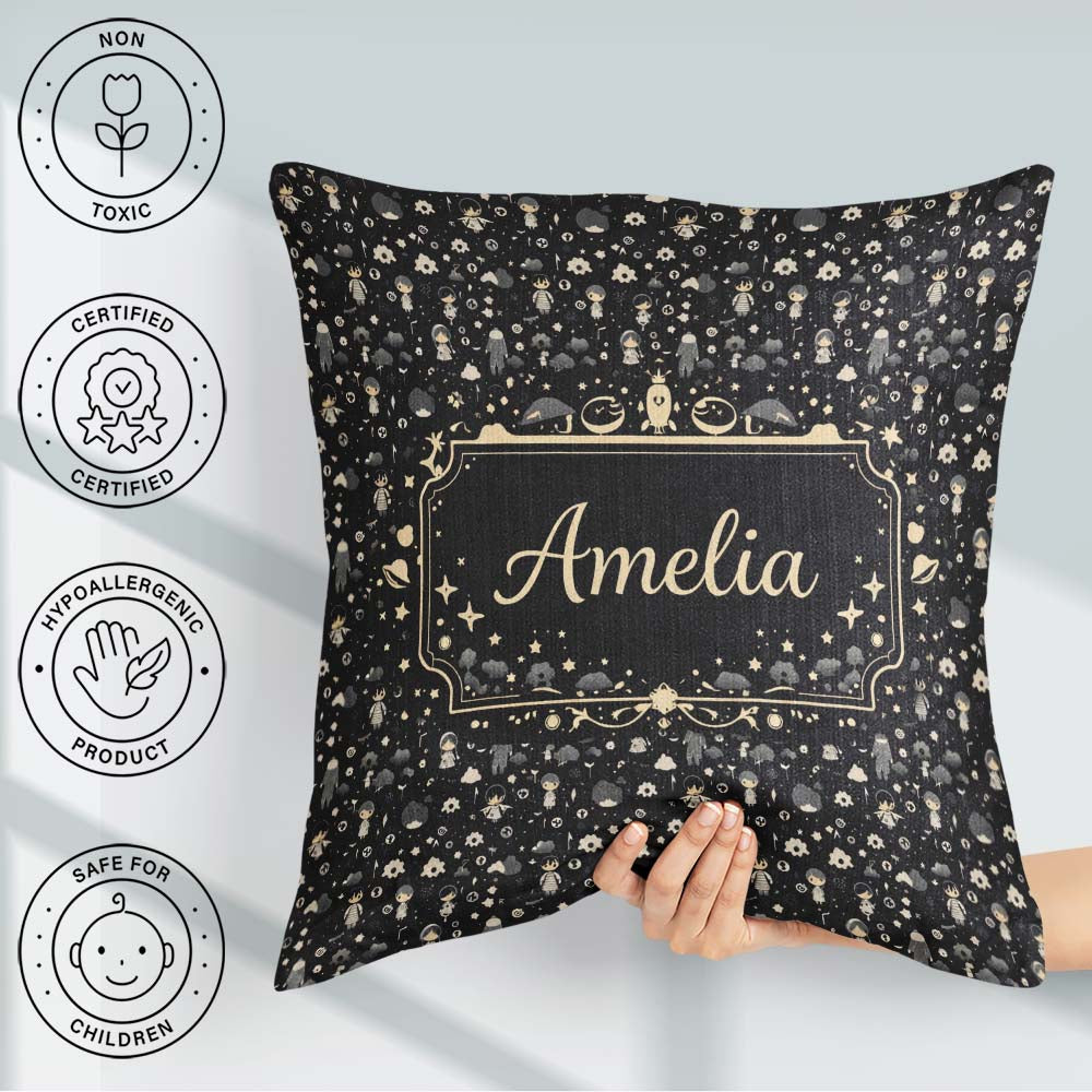 Custom Name Dark Character Night Pattern Cartoon Kids Design Square Filled Cushion Throw Pillow Sofa Bed Home Decor Zip Washable UK Made