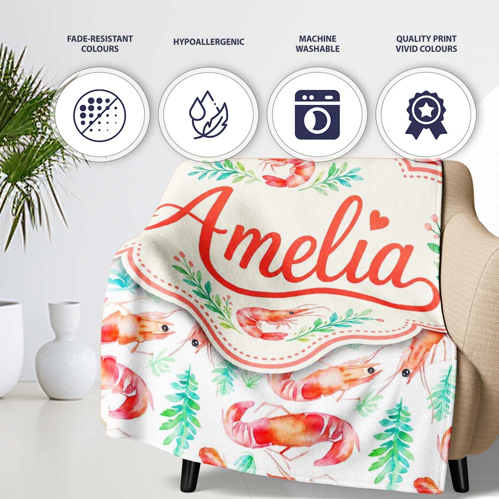Watercolour Shrimp with Green Seaweed on Soft Background Seamless  Personalised Custom Name Super Soft Fleece Blanket Bed Sofa Throw