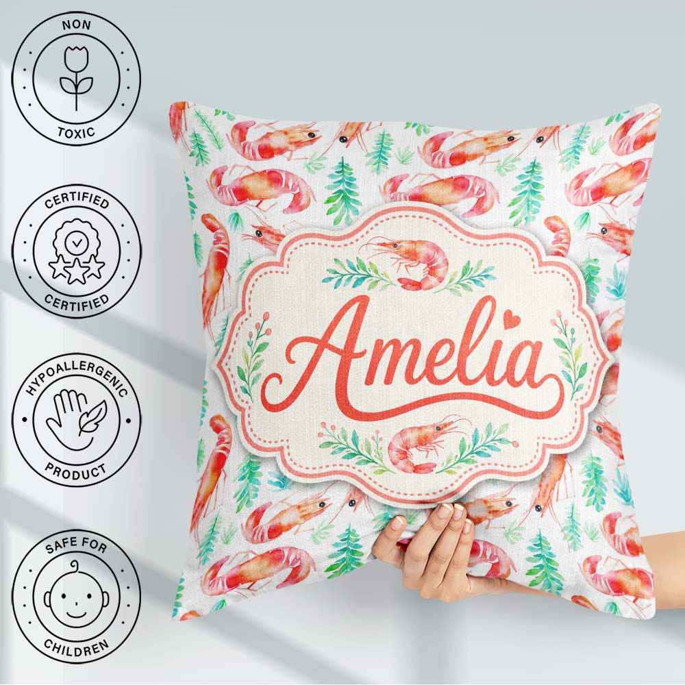 Custom Name Watercolour Shrimp with Green on Background Seamless Square Filled Cushion Throw Pillow Sofa Bed Home Decor Zip Washable UK Made