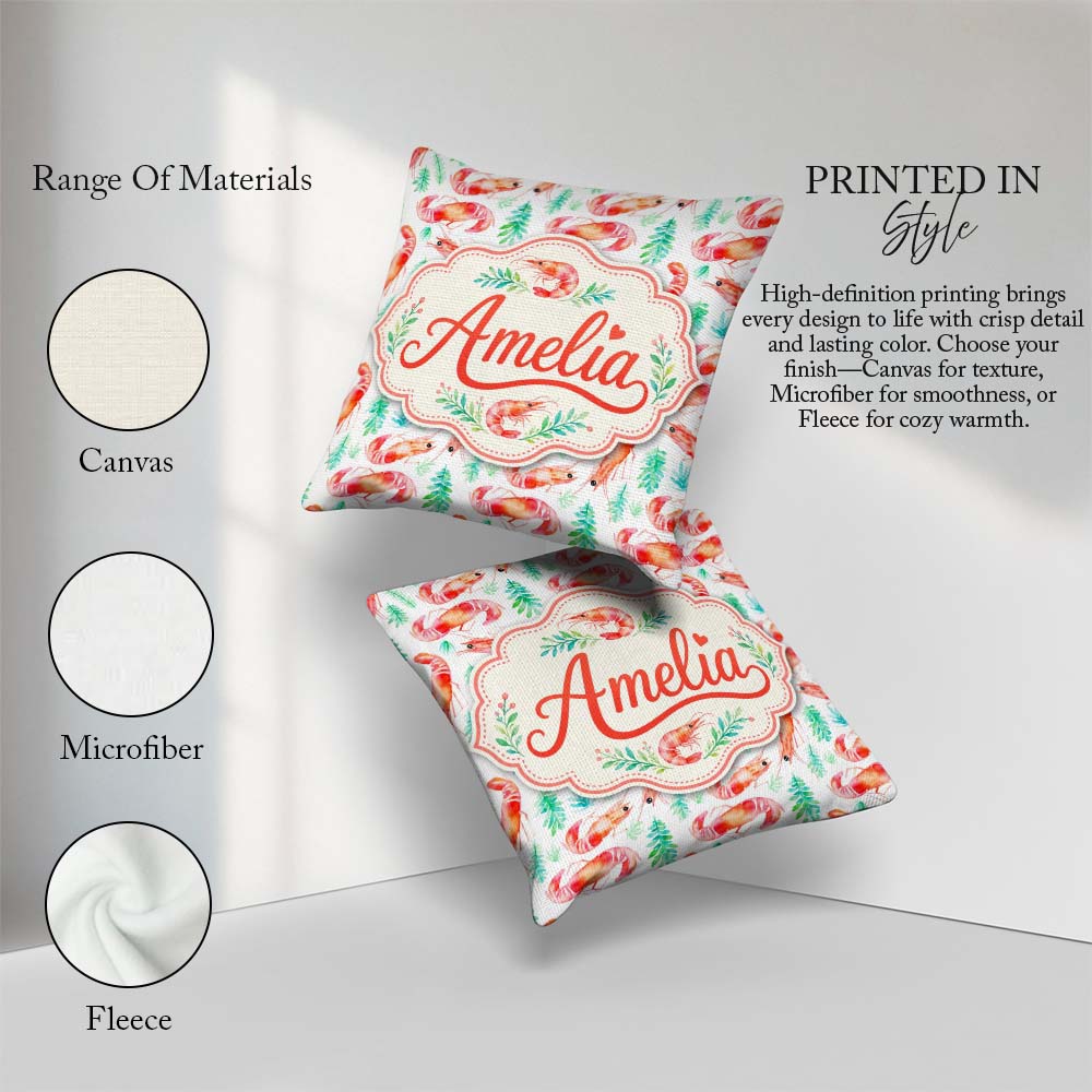 Custom Name Watercolour Shrimp with Green on Background Seamless Square Filled Cushion Throw Pillow Sofa Bed Home Decor Zip Washable UK Made