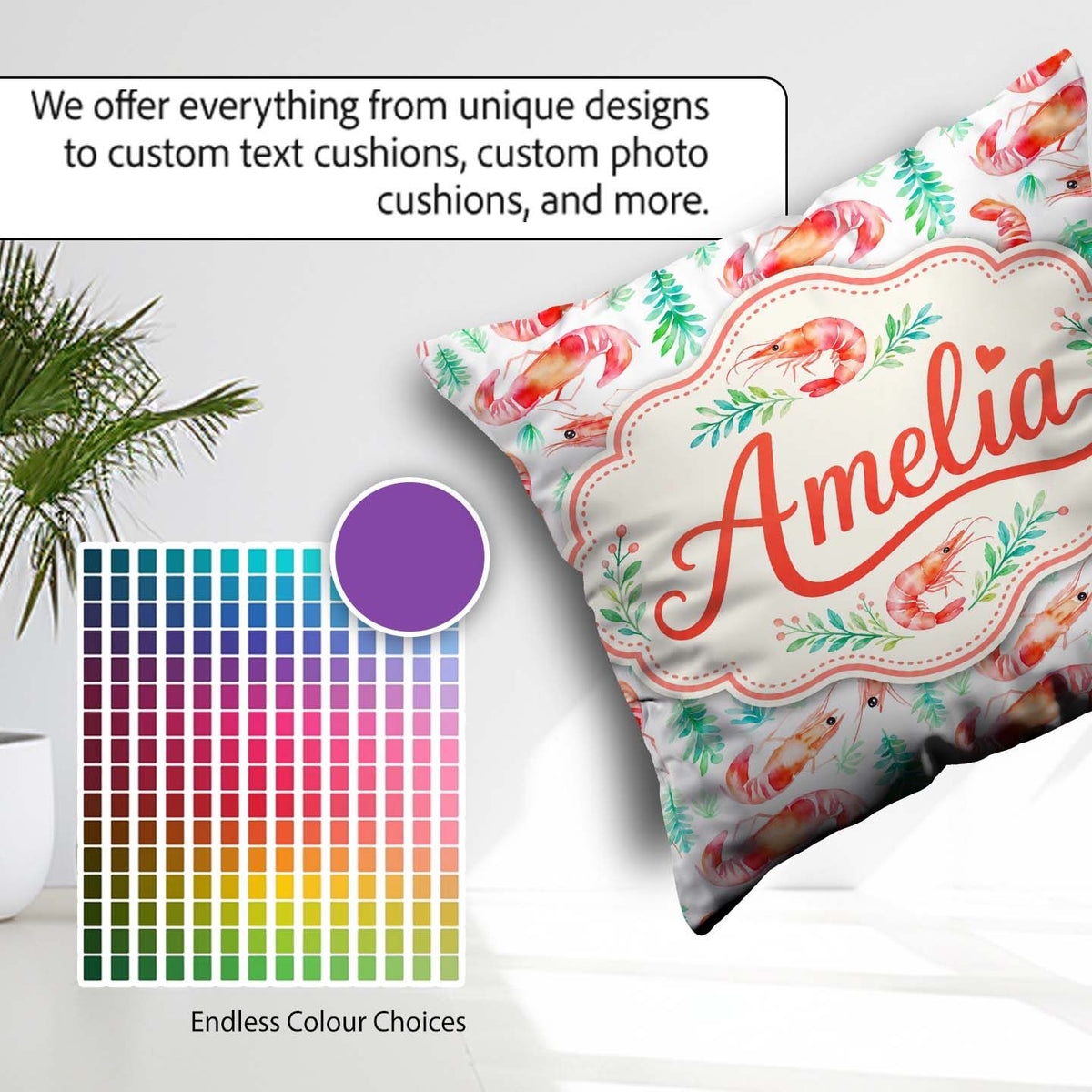 Custom Name Watercolour Shrimp with Green on Background Seamless Square Filled Cushion Throw Pillow Sofa Bed Home Decor Zip Washable UK Made