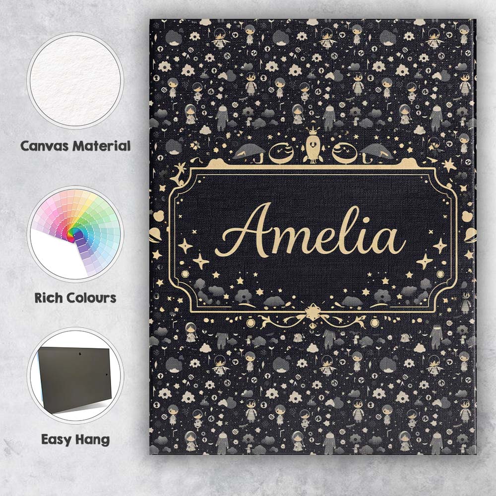 Personalised Name Dark Cute Character Night Pattern Cartoon Kids Custom  Interior Canvas Wall Art Print Decor Picture Ready to Hang