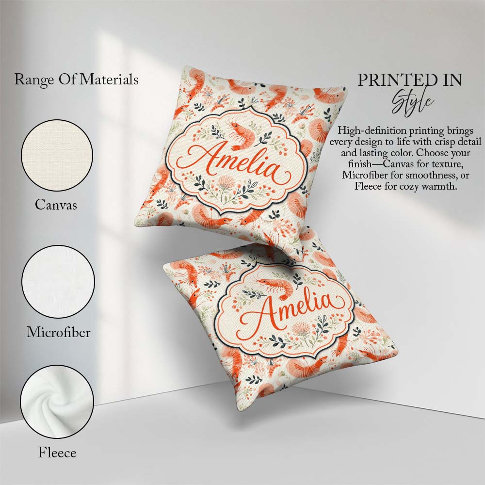 Custom Name Coral Shrimp with Delicate Elements Seamless Pattern Square Filled Cushion Throw Pillow Sofa Bed Home Decor Zip Washable UK Made