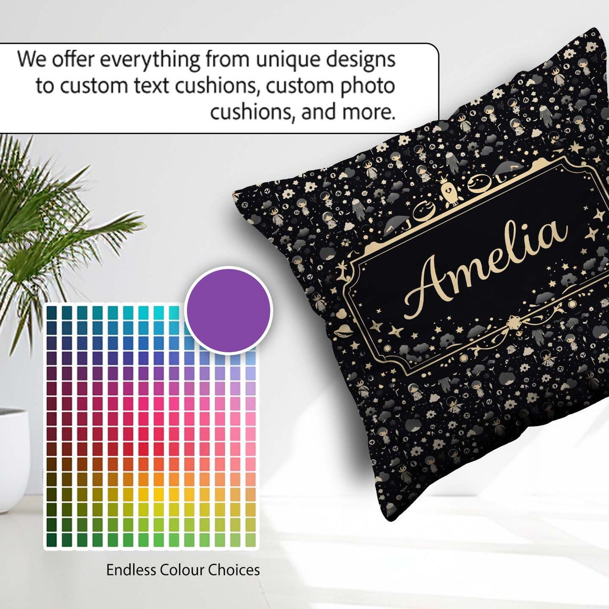 Custom Name Dark Character Night Pattern Cartoon Kids Design Square Filled Cushion Throw Pillow Sofa Bed Home Decor Zip Washable UK Made