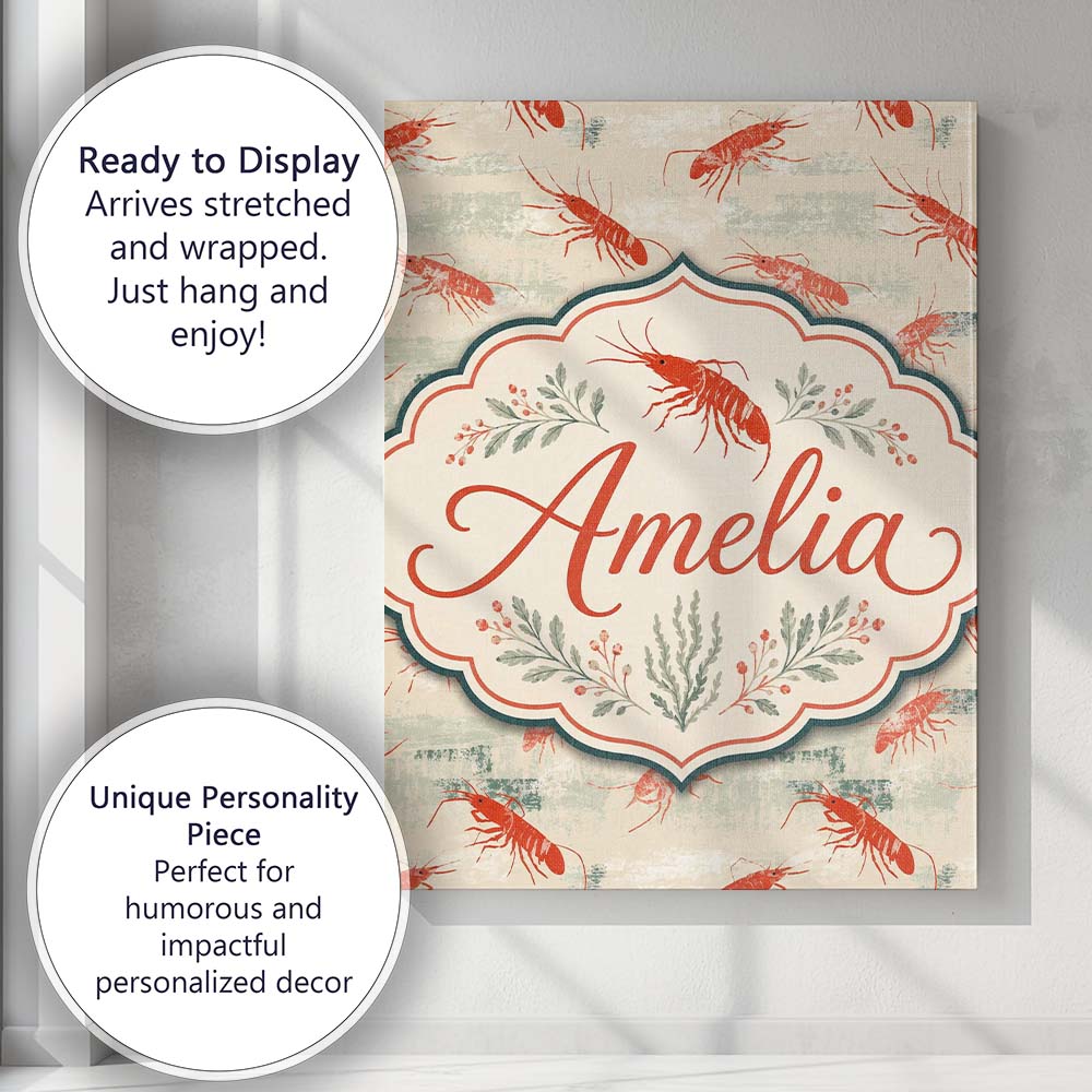 Personalised Name Minimal Red Shrimp on Custom  Modern Room Accent Elegant Feature Canvas Wall Art Print Decor Picture Ready to Hang