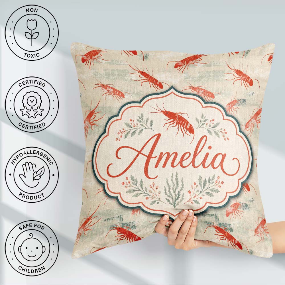 Custom Name Minimal Red Shrimp Textured Neutral Seamless Pattern Square Filled Cushion Throw Pillow Sofa Bed Home Decor Zip Washable UK Made
