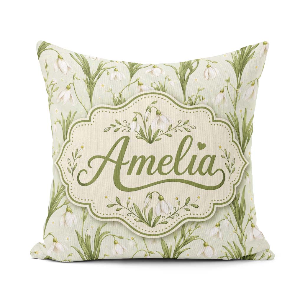 Custom Name White Bell Flowers with Soft Green Foliage on Light Square Filled Cushion Throw Pillow Sofa Bed Home Decor Zip Washable UK Made