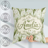 Custom Name White Bell Flowers with Soft Green Foliage on Light Square Filled Cushion Throw Pillow Sofa Bed Home Decor Zip Washable UK Made