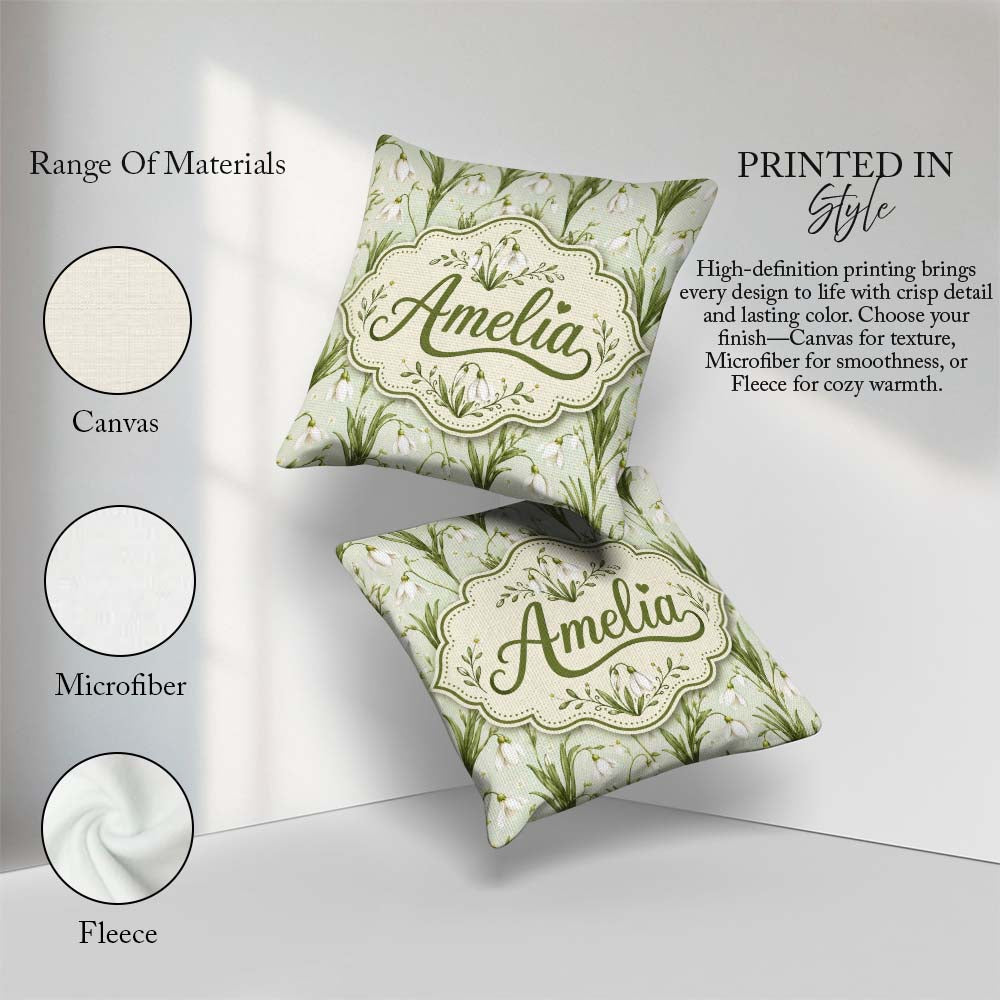 Custom Name White Bell Flowers with Soft Green Foliage on Light Square Filled Cushion Throw Pillow Sofa Bed Home Decor Zip Washable UK Made