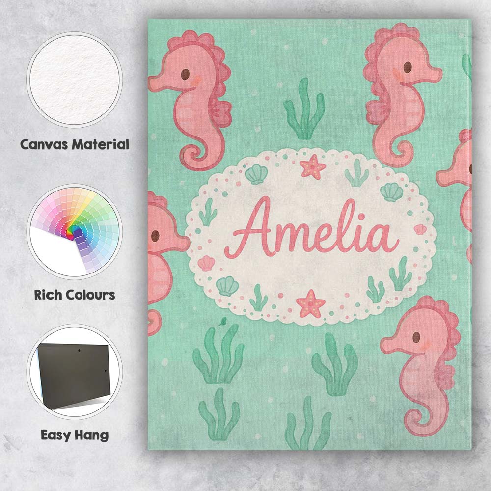 Personalised Name Cute Seahorse Ocean Cartoon Animal Pattern Stylish Custom  Home Canvas Wall Art Print Decor Picture Ready to Hang