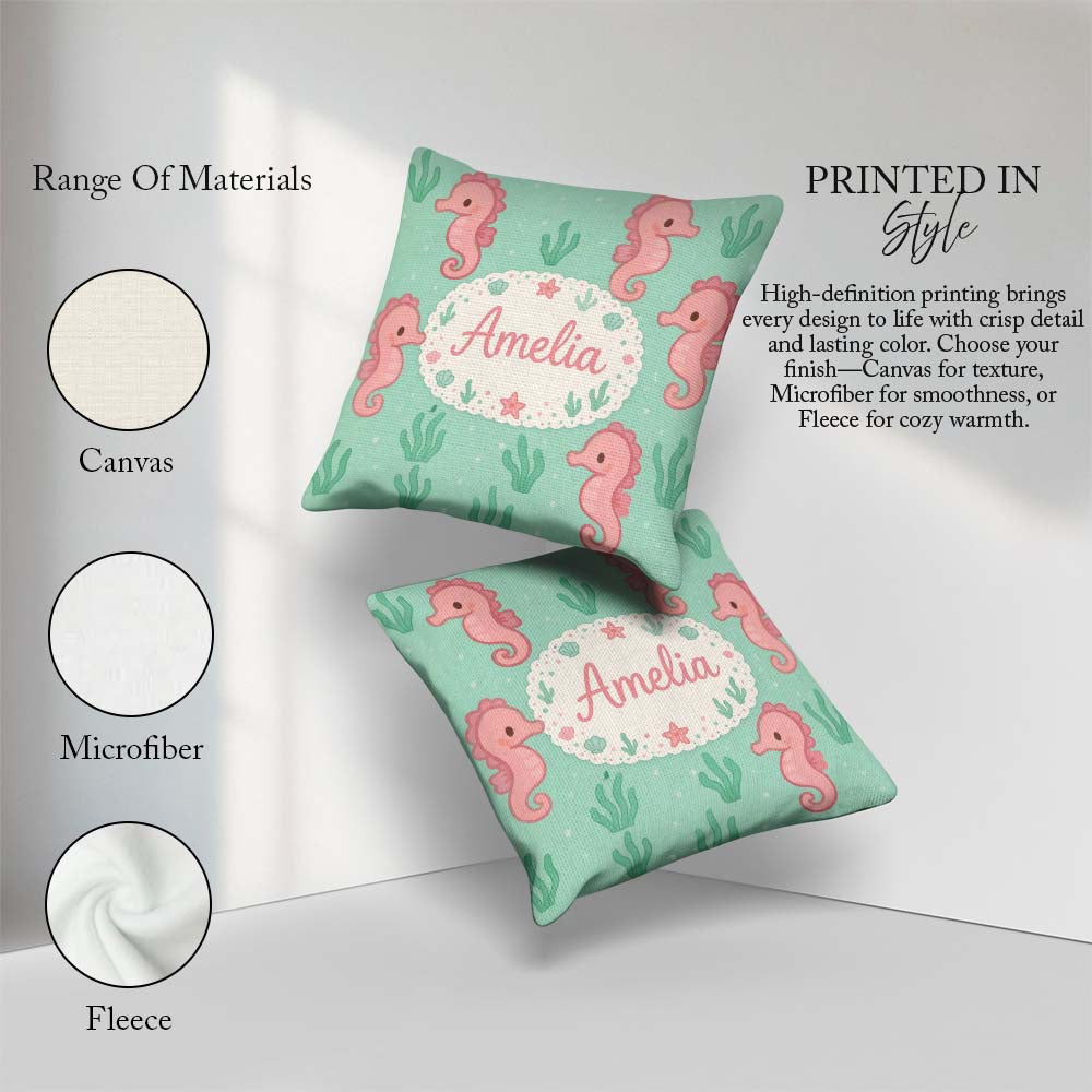 Custom Name Cute Seahorse Ocean Cartoon Animal Pattern Everyday Square Filled Cushion Throw Pillow Sofa Bed Home Decor Zip Washable UK Made