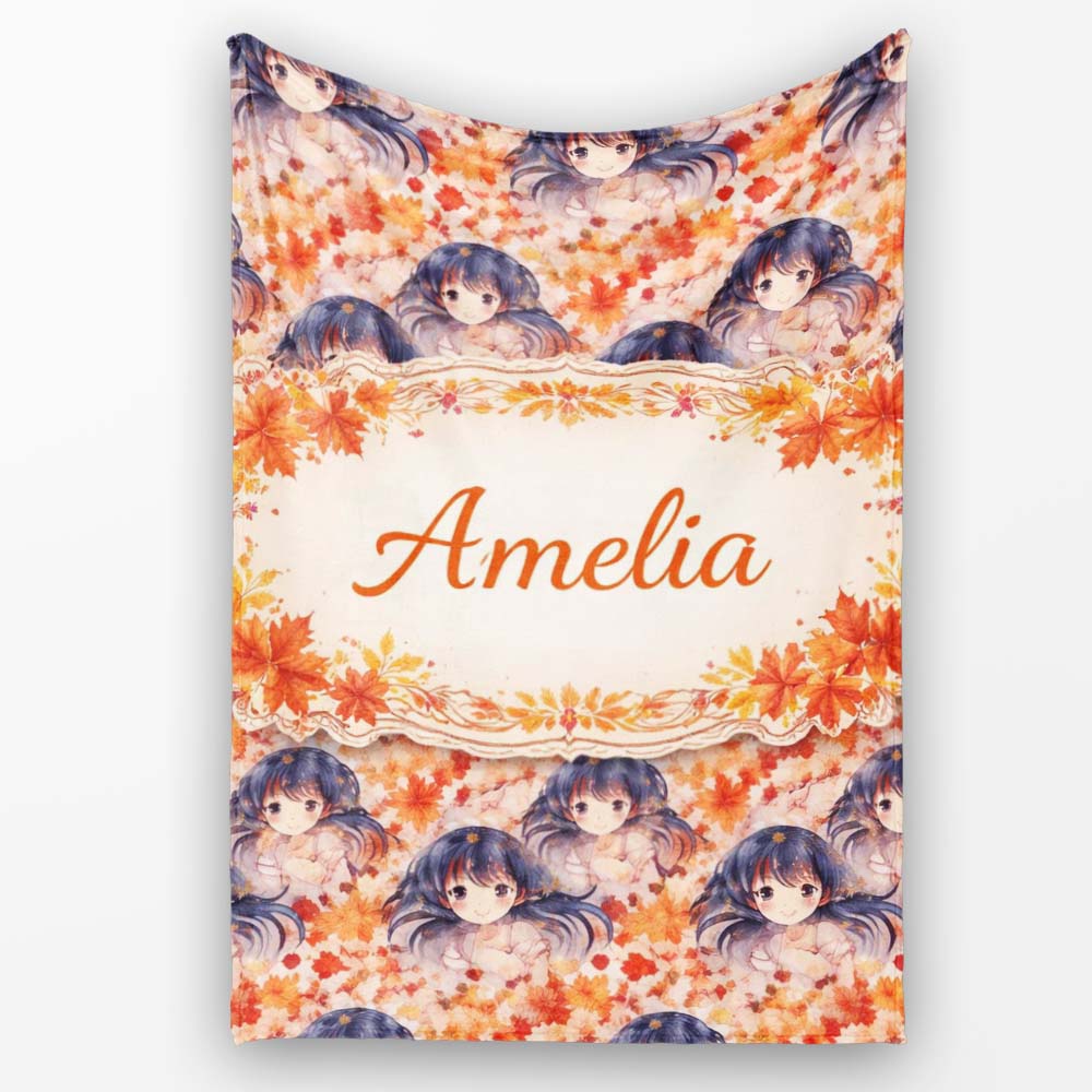Anime Girl Floral Orange Blue Pattern Kawaii Character Design Lovely  Personalised Custom Name Super Soft Fleece Blanket Bed Sofa Throw