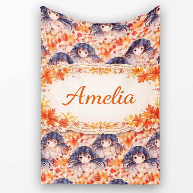 Anime Girl Floral Orange Blue Pattern Kawaii Character Design Lovely  Personalised Custom Name Super Soft Fleece Blanket Bed Sofa Throw