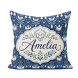 Custom Name Symmetrical Blue Floral Folk Art Pattern with Blooms Square Filled Cushion Throw Pillow Sofa Bed Home Decor Zip Washable UK Made