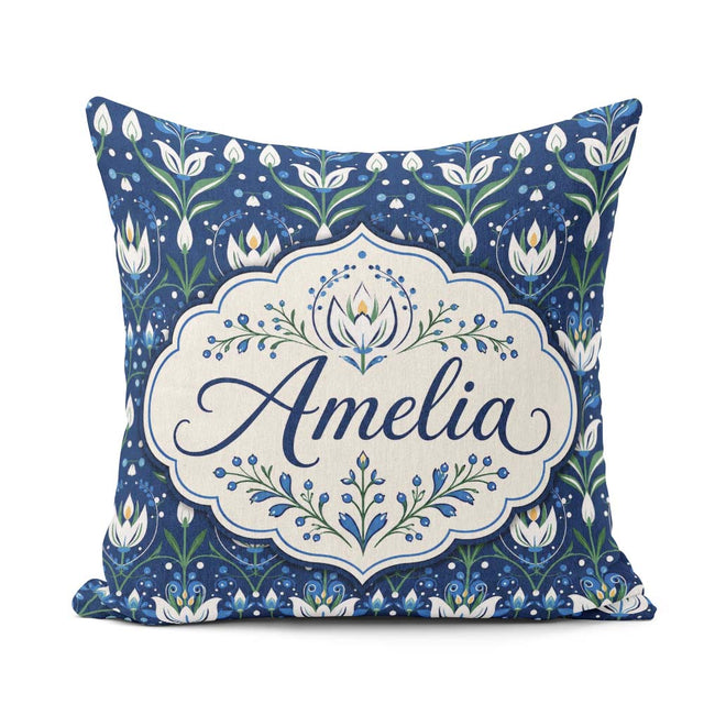 Custom Name Symmetrical Blue Floral Folk Art Pattern with Blooms Square Filled Cushion Throw Pillow Sofa Bed Home Decor Zip Washable UK Made