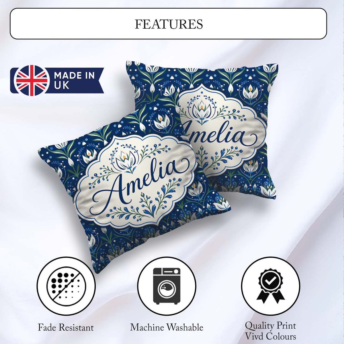 Custom Name Symmetrical Blue Floral Folk Art Pattern with Blooms Square Filled Cushion Throw Pillow Sofa Bed Home Decor Zip Washable UK Made