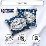 Custom Name Symmetrical Blue Floral Folk Art Pattern with Blooms Square Filled Cushion Throw Pillow Sofa Bed Home Decor Zip Washable UK Made