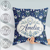 Custom Name Symmetrical Blue Floral Folk Art Pattern with Blooms Square Filled Cushion Throw Pillow Sofa Bed Home Decor Zip Washable UK Made