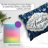 Custom Name Symmetrical Blue Floral Folk Art Pattern with Blooms Square Filled Cushion Throw Pillow Sofa Bed Home Decor Zip Washable UK Made