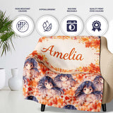 Anime Girl Floral Orange Blue Pattern Kawaii Character Design Lovely  Personalised Custom Name Super Soft Fleece Blanket Bed Sofa Throw