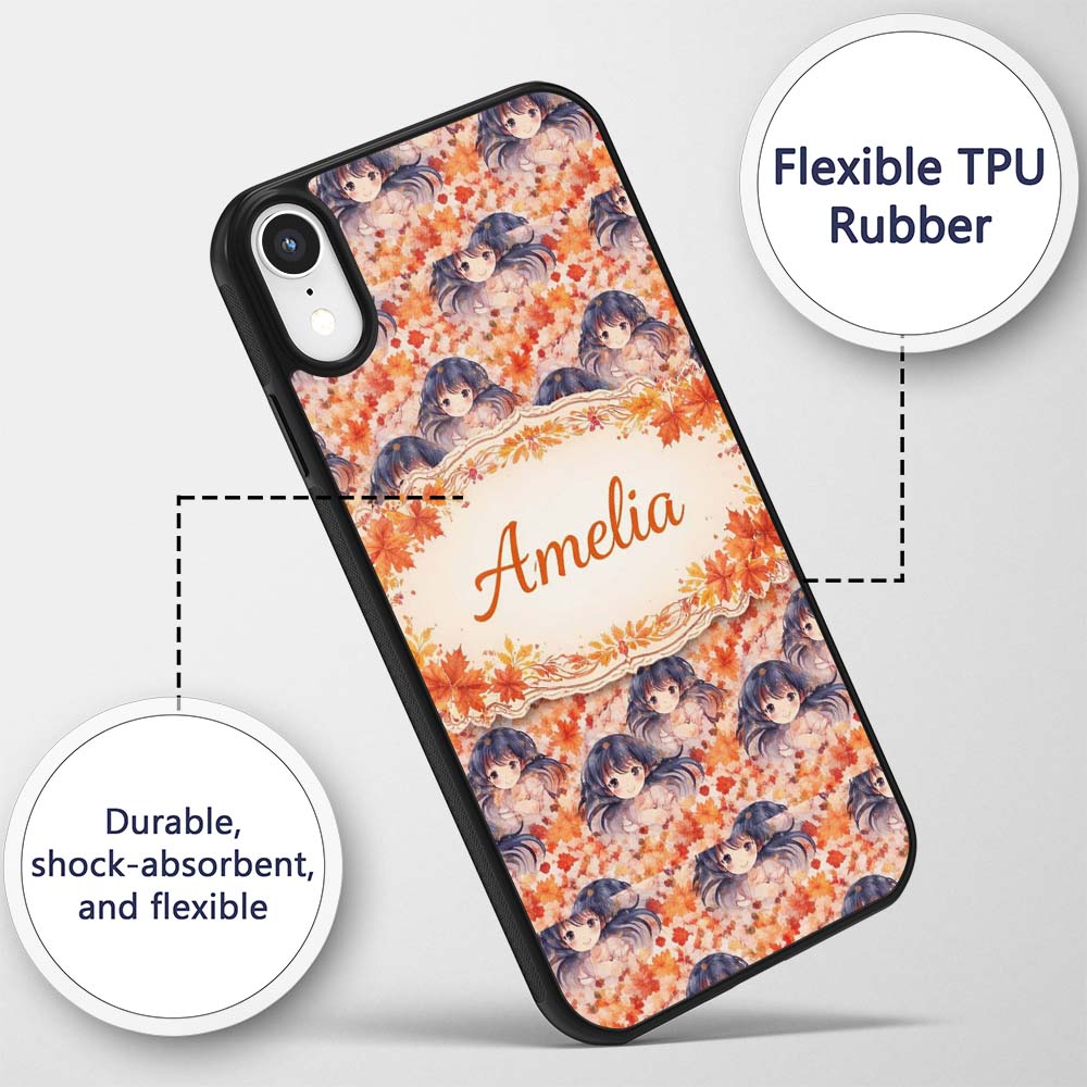 Anime Girl Floral Orange Blue Pattern Kawaii Custom Name Protective Phone Case Mobile Cover Durable Everyday Smartphone Shock Resistant