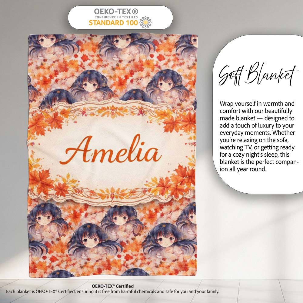Anime Girl Floral Orange Blue Pattern Kawaii Character Design Lovely  Personalised Custom Name Super Soft Fleece Blanket Bed Sofa Throw