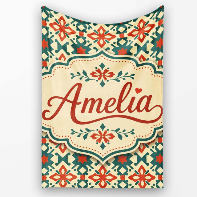 Geometric Folk Tile Pattern in Teal and Red Seamless Pattern Lovely  Personalised Custom Name Super Soft Fleece Blanket Bed Sofa Throw