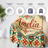 Geometric Folk Tile Pattern in Teal and Red Seamless Pattern Lovely  Personalised Custom Name Super Soft Fleece Blanket Bed Sofa Throw