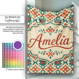 Geometric Folk Tile Pattern in Teal and Red Seamless Pattern Lovely  Personalised Custom Name Super Soft Fleece Blanket Bed Sofa Throw