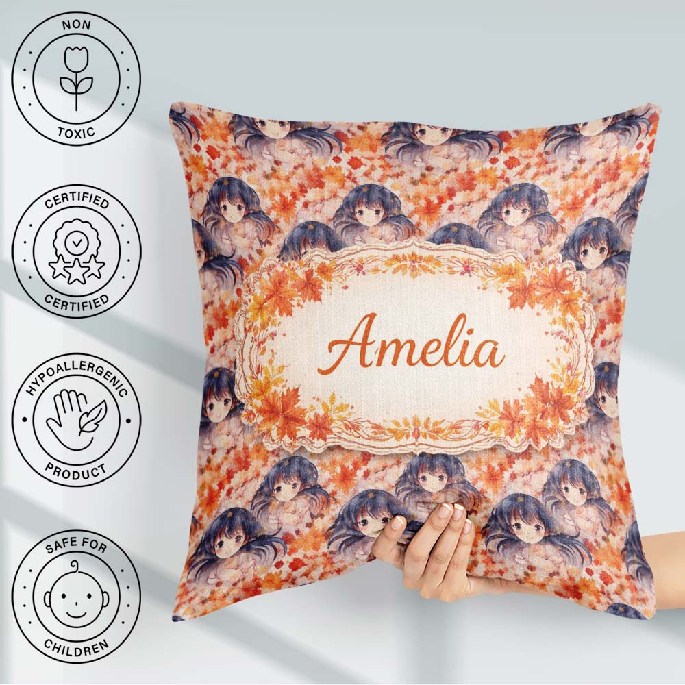 Custom Name Anime Girl Floral Orange Blue Pattern Kawaii Design Square Filled Cushion Throw Pillow Sofa Bed Home Decor Zip Washable UK Made